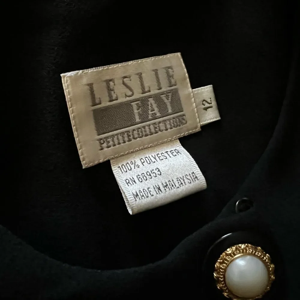 NWT LESLIE FAY 1990’s 90s Vintage Black Crepe Box Pleat Peplum Suit Jacket 12 - Picture 11 of 11